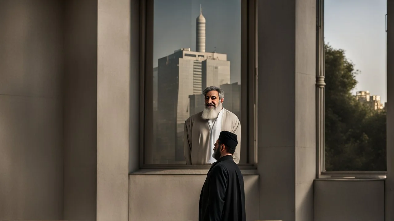 a Persian big man in a modern street in Tehran with a tower.