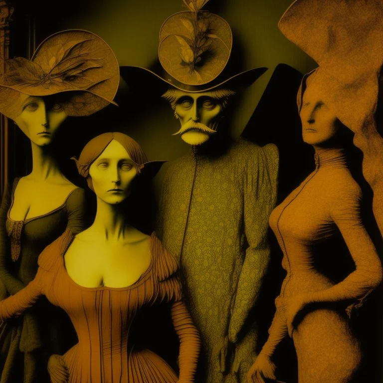 Daguerrotype close up some mysterious figures, odd background, cinematic, Hieronymus Bosch Max Ernst ambient light, by Minicavio Quollati and Marlost Endgulp, Amano, Botticelli, Alphonse Mucha