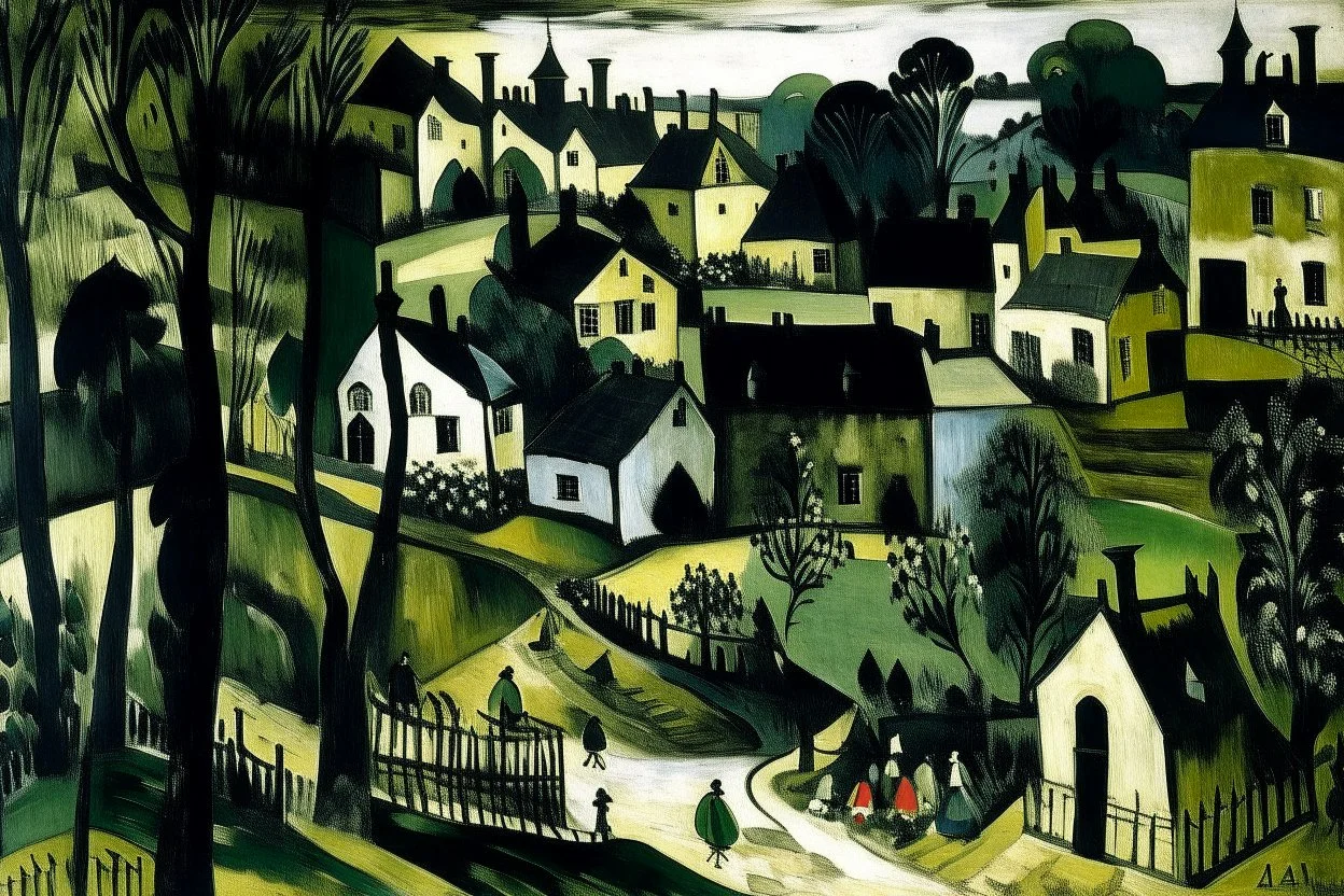 A black village in a shadow realm designed in Bayeux tapestry painted by Paul Cezanne