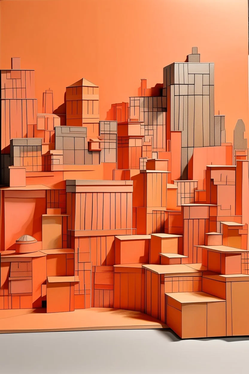 A light rosy orange colored town made out of stacked blocks painted by Raymond Duchamp-Villon