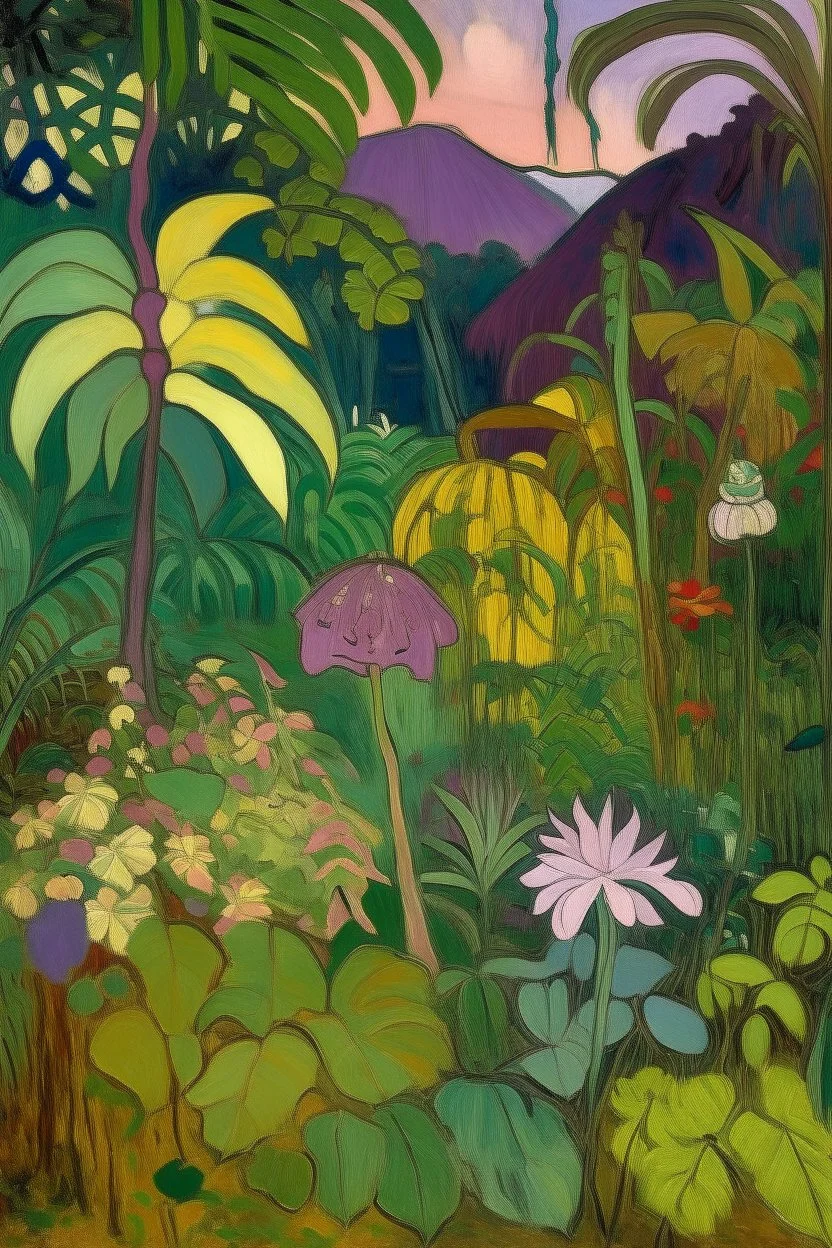 A light purple jungle with poisonous mushrooms painted by Paul Gauguin