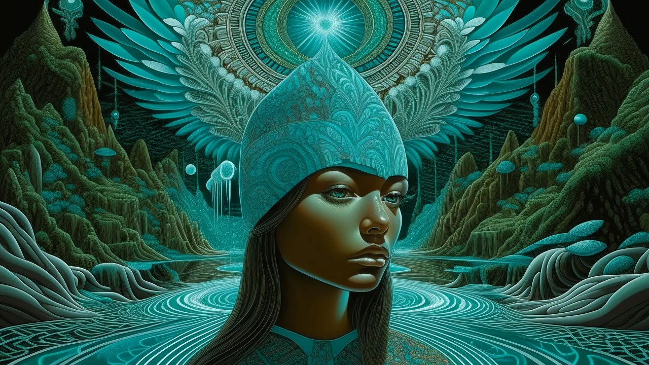 Psychedelic, visionary digital artwork depicting a surreal, otherworldly scene in the style of painter Mati Klarwein, with abstract, kaleidoscopic patterns and mystical, symbolic imagery, Smart lighting, deep teal and light grey color scheme