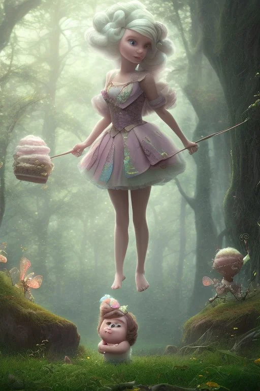 Fat and adorable fairy in Forrest background. Style should be like the movie " up"