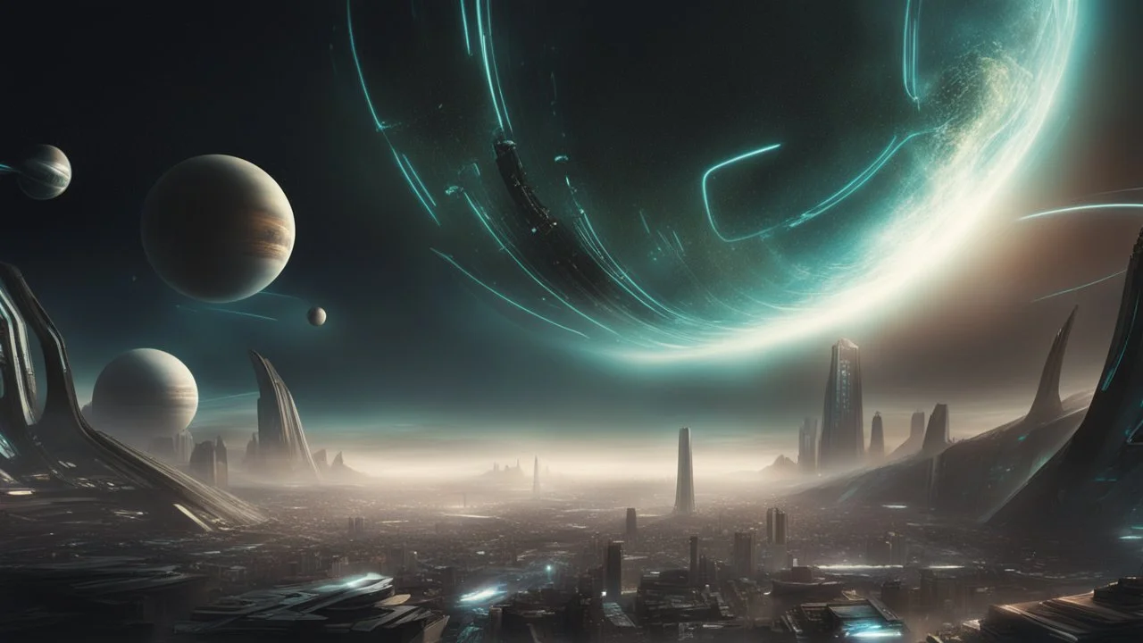 tron legacy movie, untouched planet above and an inhabited planet below, alien space ships and few planets, city of the future, hyper realistic