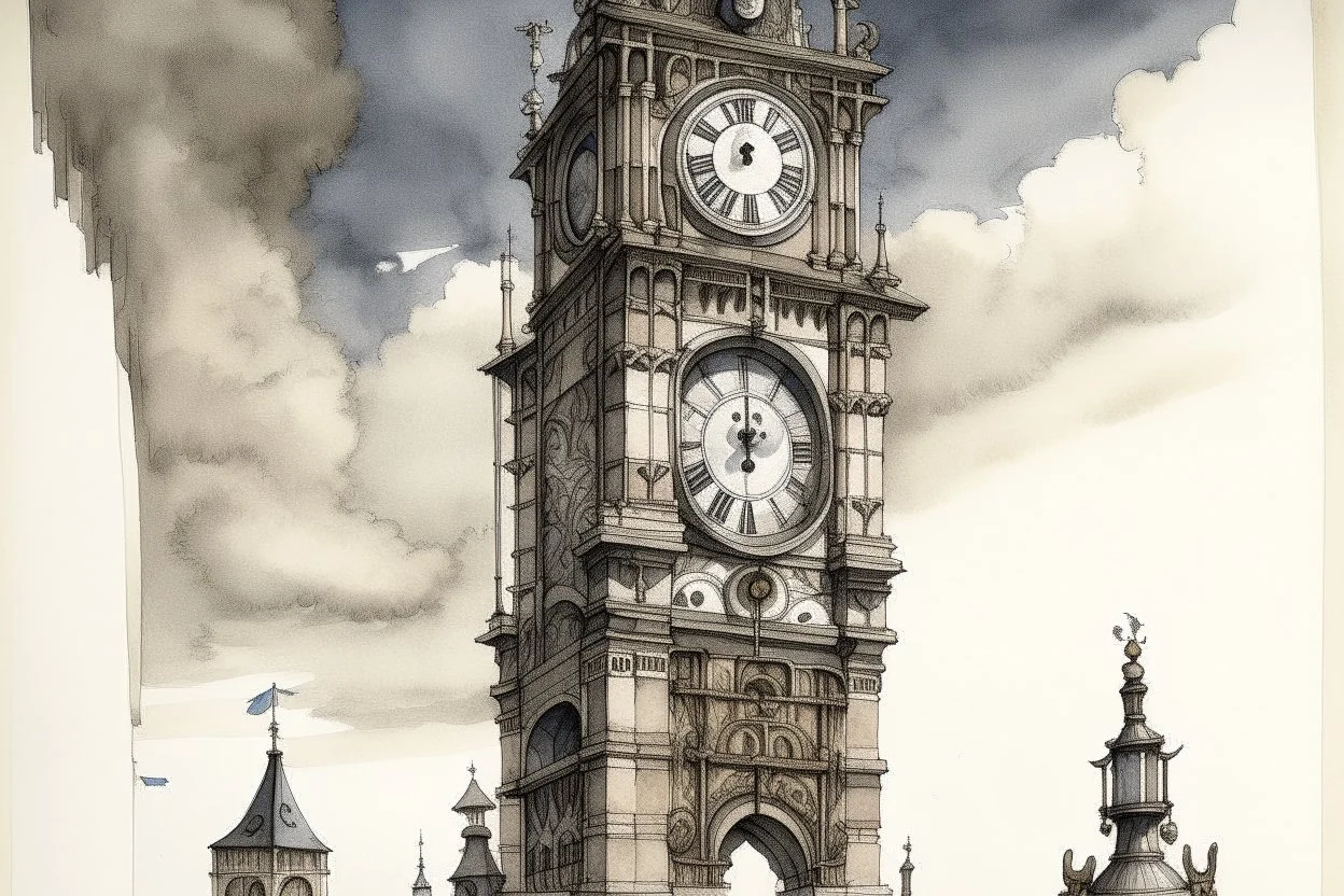 A gray giant and tall clock tower painted by Albrecht Durer