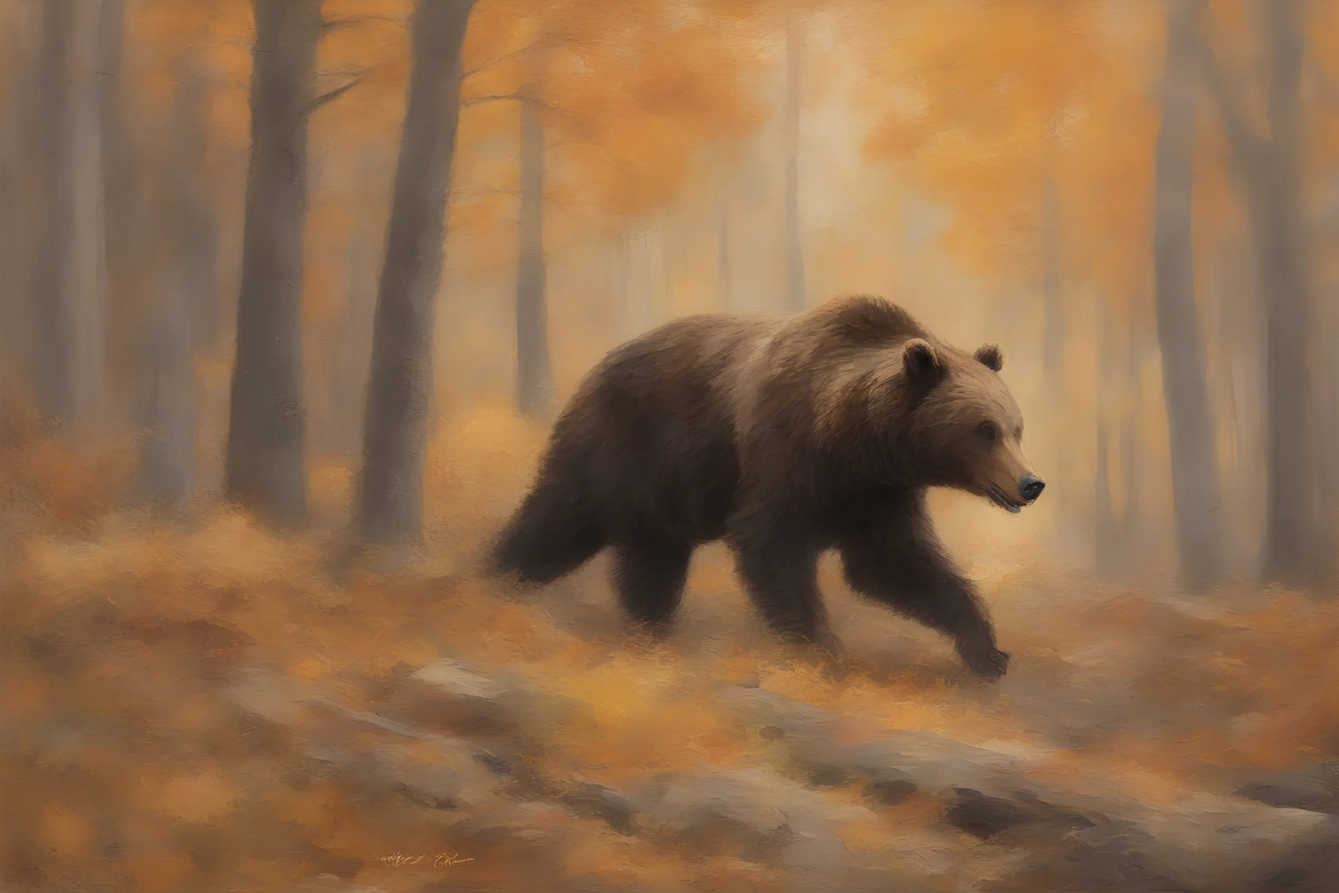 Impressionist landscape of a forest in autumn with a Stagg fighting a bear.