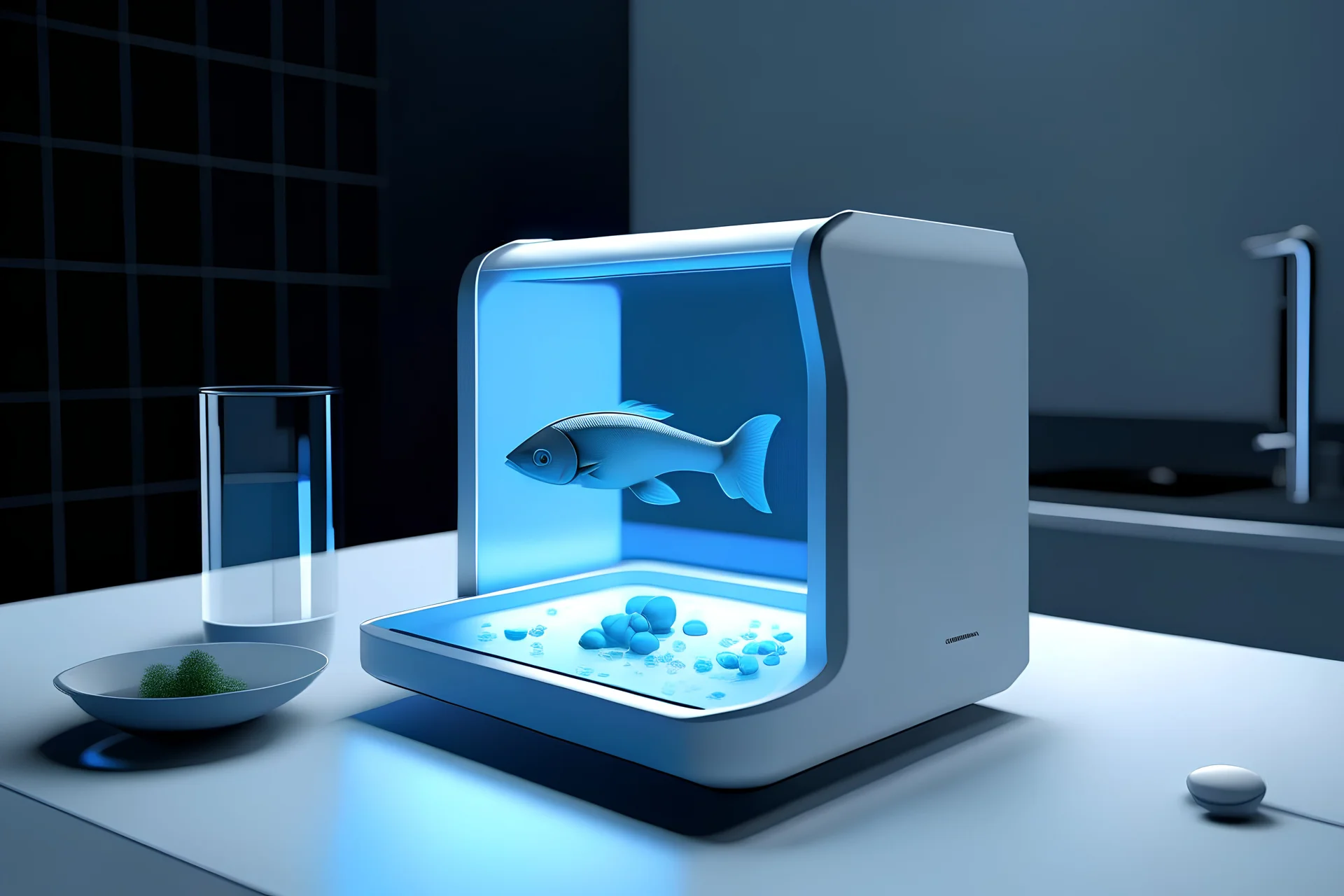 a product that purifies the polluted fish, product design render on the table in the kitchen, a white color product that is rectangular parallelepiped with rounded corners, some dead and lying fish inside the product, with a black touch display on the procuct with a radioactive icon on it, minimal disign of white color, a fine blue uv light inside the product, photorealistic