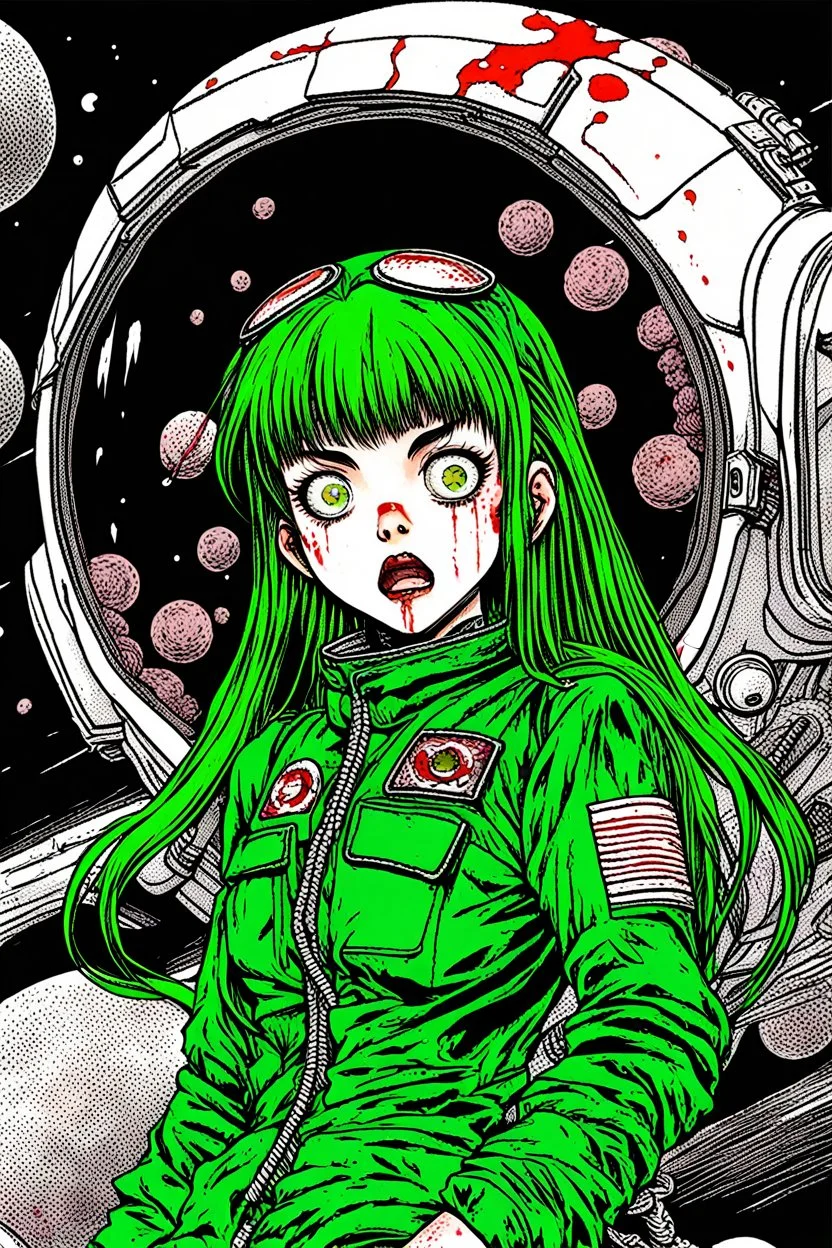 90s anime sci fi green hair space Captain girl blood on face scared, rattled and shook, violent atmosphere, retro manga style, hyper detailed, Japanese horror, junji ito,