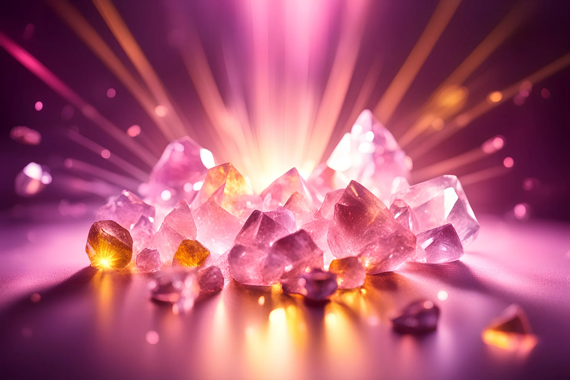 tanti cristalli di luce rosa e gialli su sfondo luminoso con raggi di luce