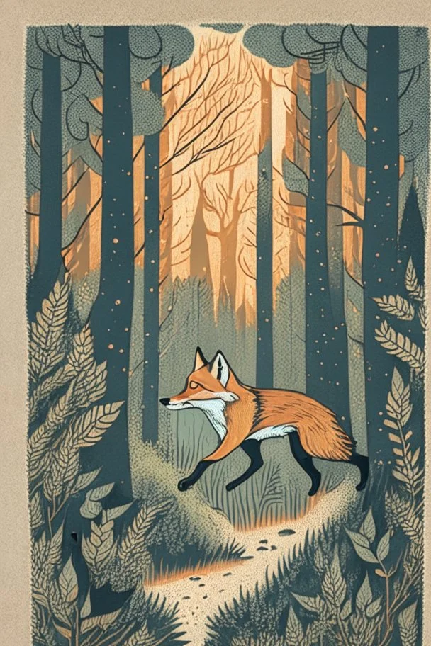 in a cosy vintage style, a fox runs through the forest