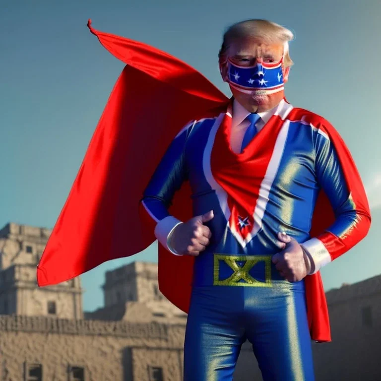 realistic image of donald trump as a mexican wrestling fighter posing outdoors, Mexican eyes wrestling mask, red and blue breeches, confederate flag cape, retro style, 80s, vibrant color, highly detailed, sky background, concept art, unreal engine 5, god rays, ray tracing, RTX, lumen lighting, ultra detail, volumetric lighting, 3d, finely drawn, high definition, high resolution.