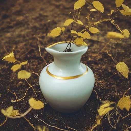 artistic photo of a tiny cracked ceramic vase repaired with gold, kintsugi, garden setting, beautiful landscape photography, beautiful, vines and leaves, delicate, cinematic, high detail, beautiful composition, delicate arrangement, aesthetic, soft lighting, award winning photography, tender