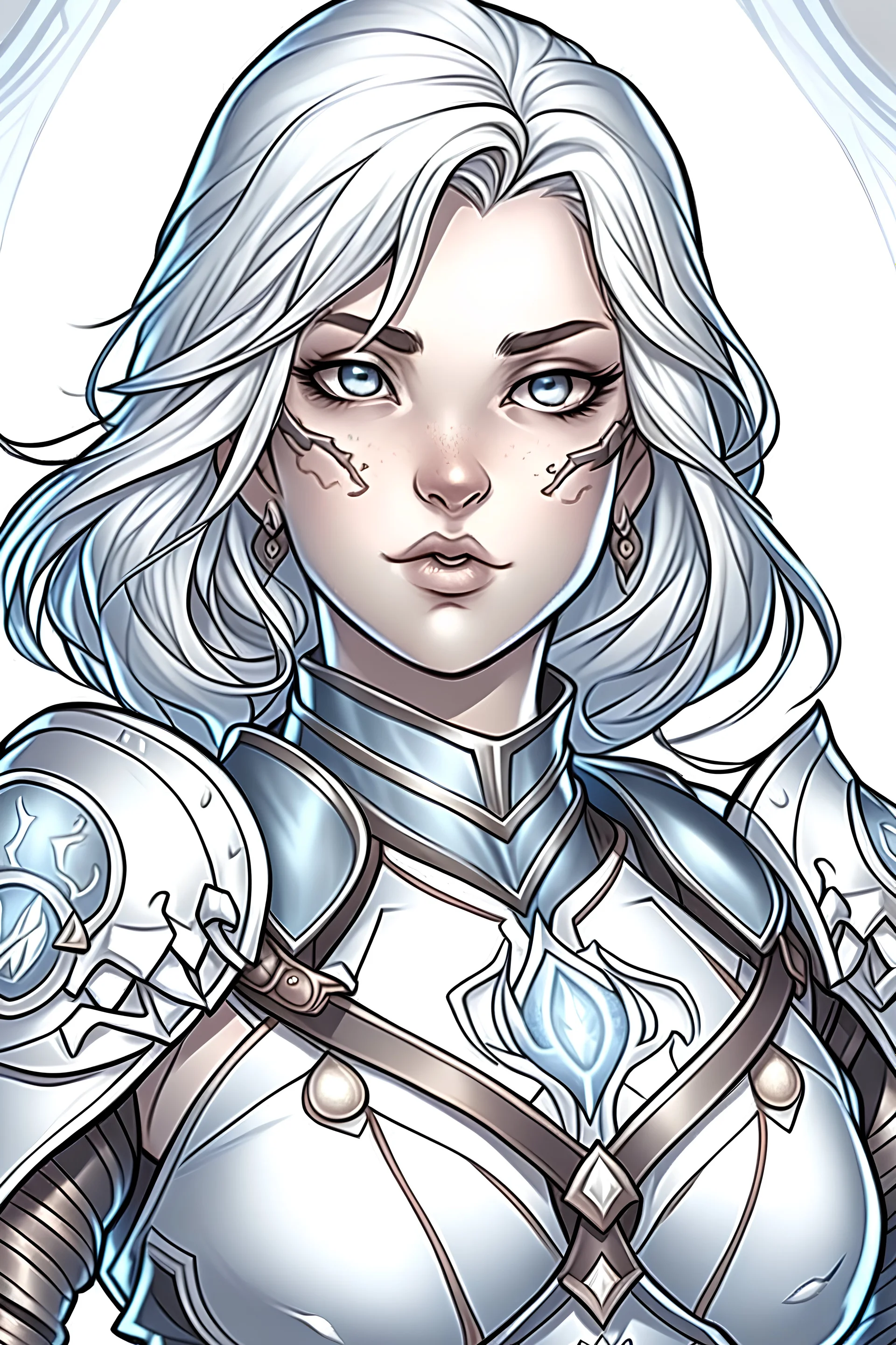 A light-skinned girl with platinum blond hair and blue eyes. She is part of the Aasimar breed of D&D. She is quite muscular and very beautiful. She wears light blue leather armor with silver details. In the image you must see at least half a bust. It must be comic-book style.