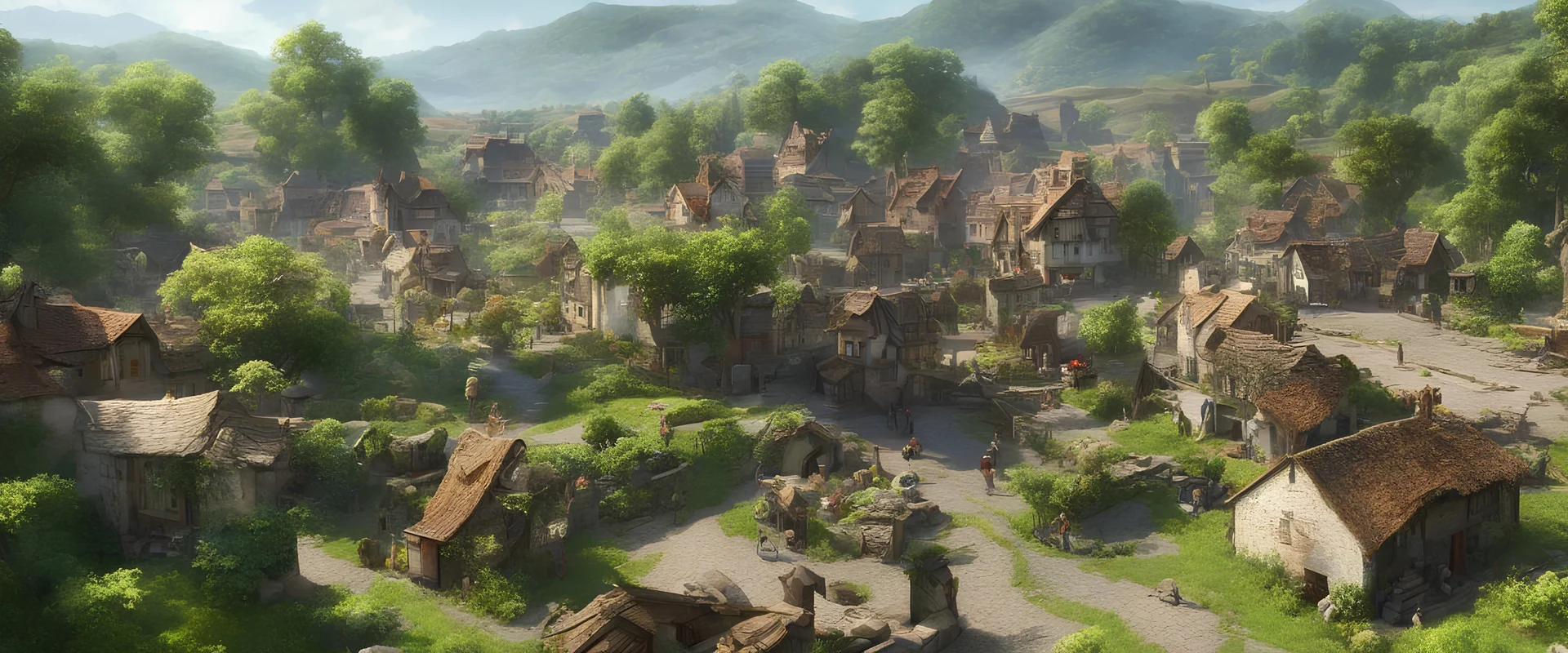A busy village market in beautiful surreal sunny countryside scene with distant hills, hedgerows, & fields. Many intricate dwellings, a clock-house, many raised pathways & stairways, walkways & bridges, waterfalls & a waterwheel : ultra high detail, photorealistic, epic cinematic, 8K, Large depth of field