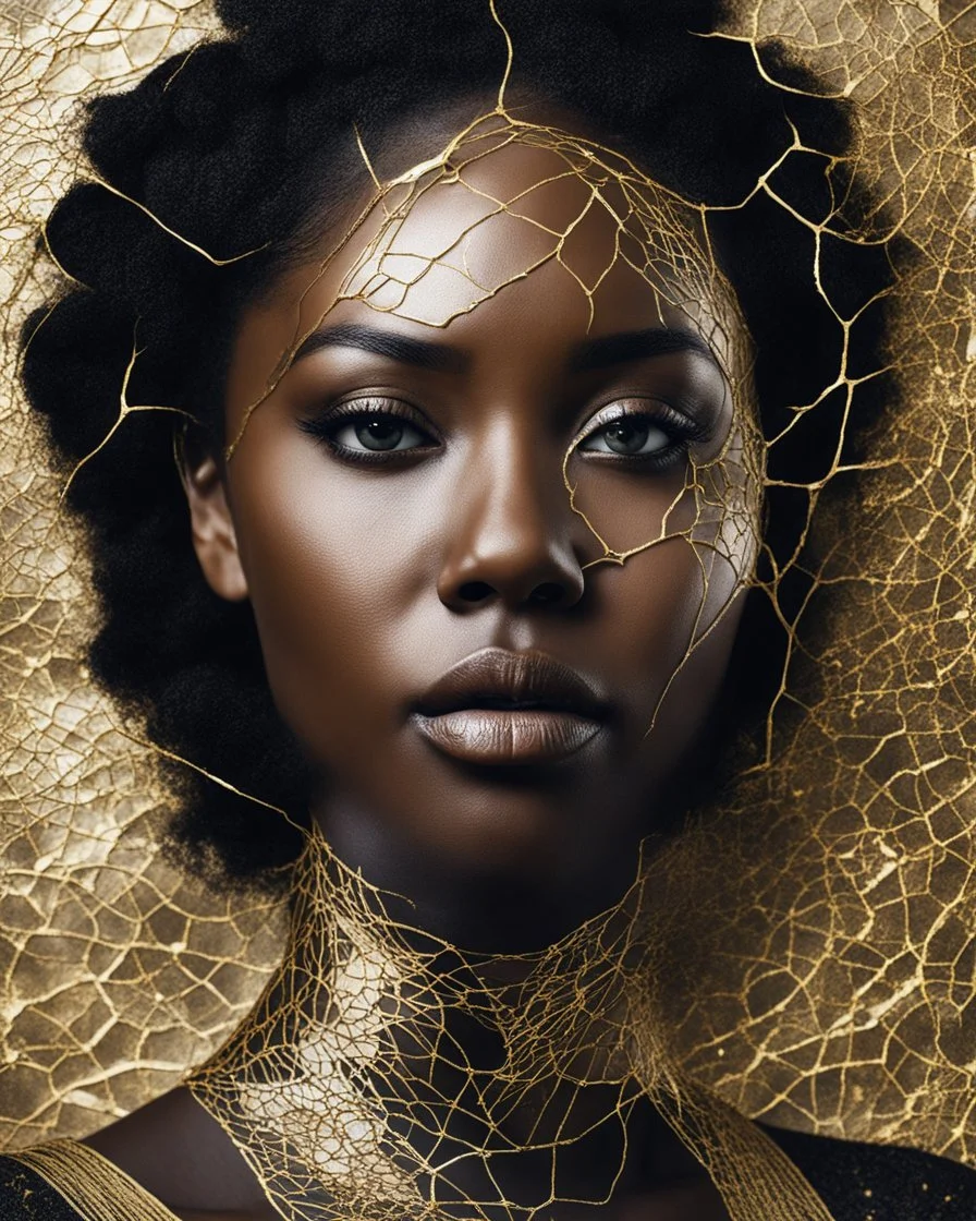 a beautiful black woman face made of kintsugi seam