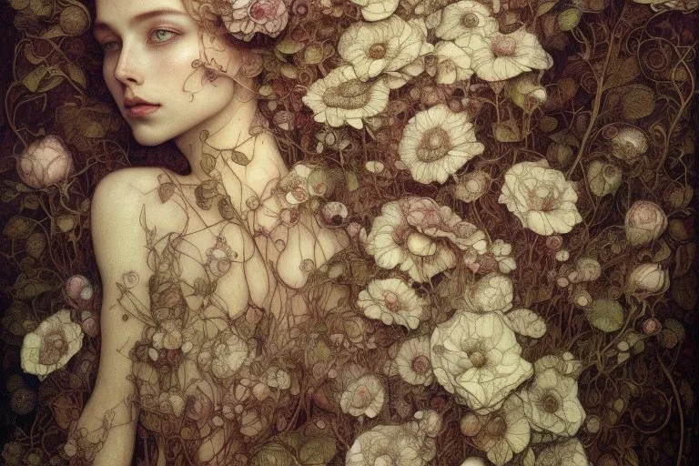 beautiful intricate rose field, soft delicate watercolor, dramatic, perfect composition, by Arthur Rackham highly detailed intricate very attractive beautiful fantastic view watercolor Arthur Rackham Jean-Baptiste Monge Egon Schiele muted tones professional Enki Bilal patchwork watercolor and ink Xuan Loc Xuan