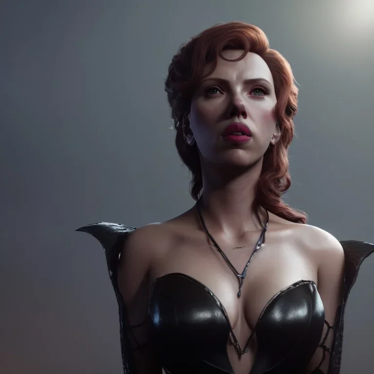 Scarlett Johansson as evil queen in black leather gown, cleavage, angry, stern look unreal 5, octane render,cinema4d, dynamic lighting, dramatic lighting, 4k, redshift render, highly detailed, hyper realistic, in space