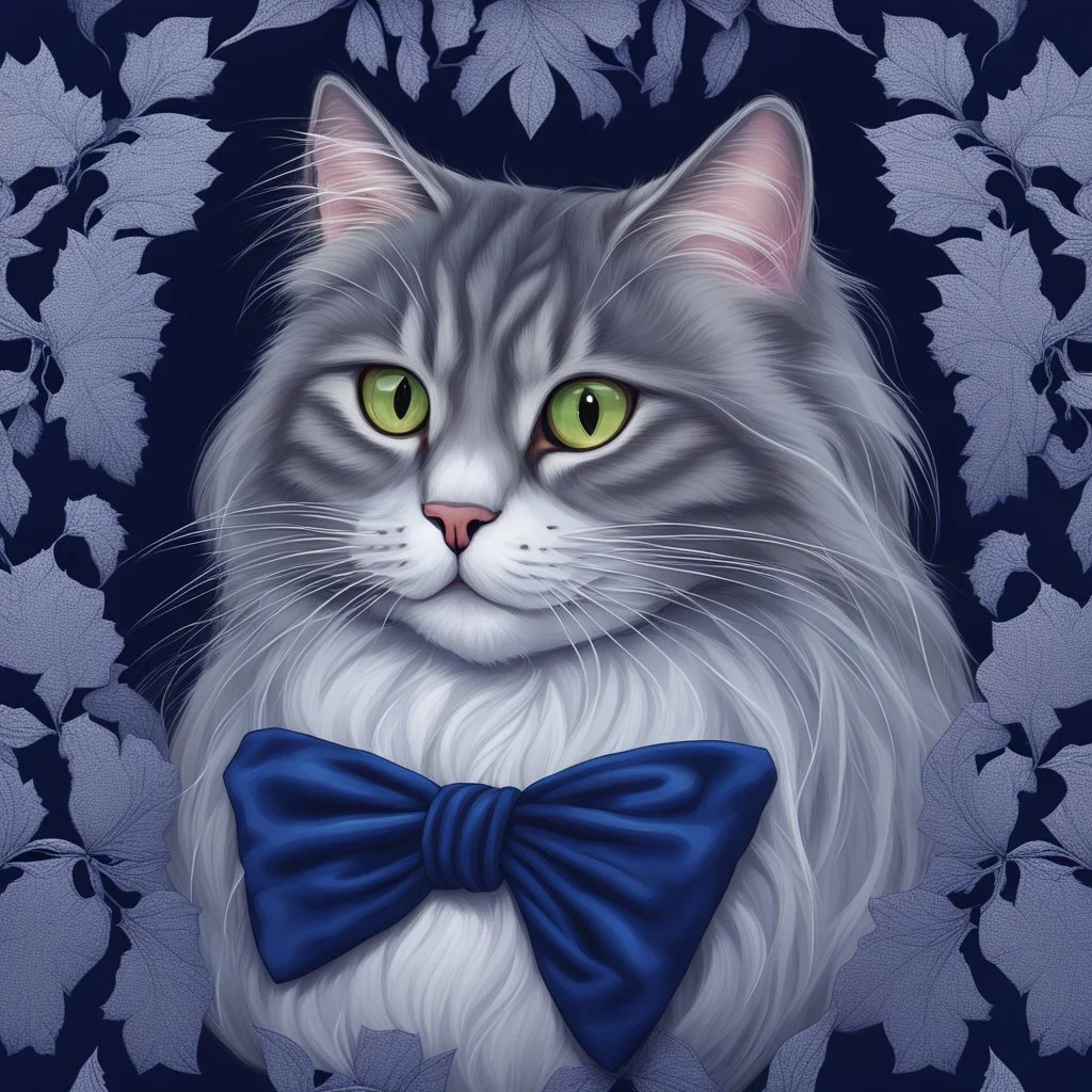 A Main Coon cat gray and white on a midnight blue velvet pillow and wearing a berry bow around her neck. Illustrative art, art interpretation, concept art, cgsociety contest winner, seasonal art, seasonal art HD, 4k, 8k, intricate, detailed, intricately detailed, luminous, translucent fantasy crystal, holographic data, soft body, shadow play, light, fog, atmospheric, cinematic, light film, hyper-detailed, hyper-realistic, masterpiece, atmospheric, high resolution, 8k, HDR, 500px, mysterious and