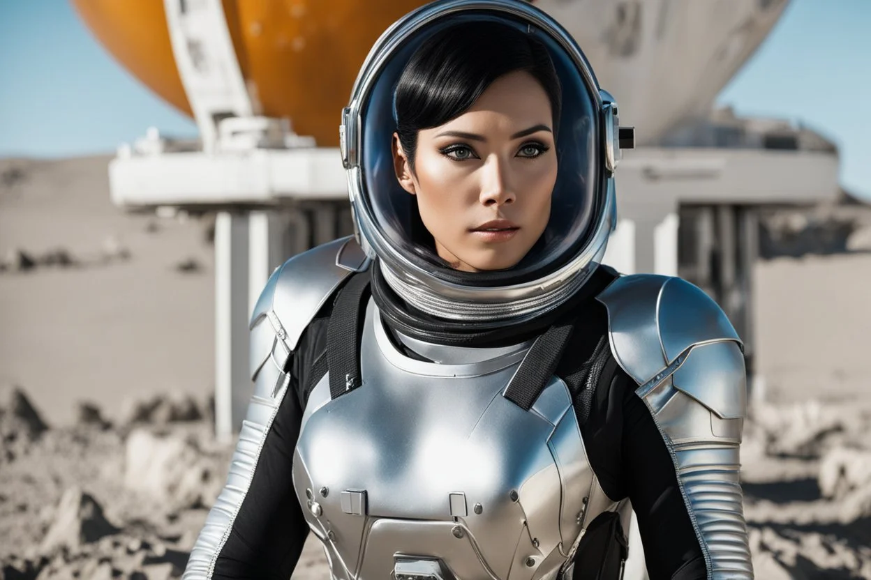 photo of a Sci-fi woman, with black hair, wearing a silver and black spacesuit looking like an android, no helmet, on an alien planet