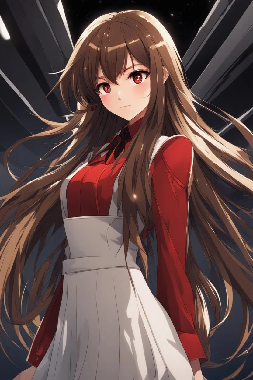 (masterpiece), (anime style), award winning, close up, centered, headshot, looking toward camera, long brown hair, young woman, redeyes, modern, dynamic lighting, ultra detailed, (epic composition, epic proportion), professional work, black and red clothes