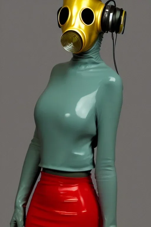 Tendril-gas-mask-Synthesizer-proboscis. Golden to cyan surfaces body, latex. skin is white hard plastic material. Cyber-punk Metallic headphones and speakers, Old-fashioned cameras integrated to heads. LED-eyes Perfect body, thick thighs and calves. simple face. Wide hip, red fabric skirt bleats nicely. Partly symmetrical. Golden ratio. Space-corrosion, rusty and decayed background. Steam-machines-plunge-air-bottles. Blue euclidean 3D-tiling moth surveillance walls. Oppressive atmosphere. Rainin