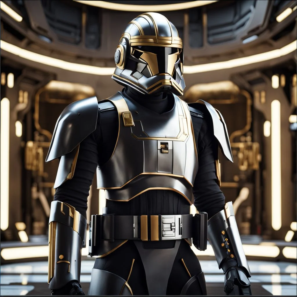 star wars bald male corellian pilot wearing pearlescent black and gunmetal grey First Order special forces heavy assault armor and helmet with gold trim inside the jedi temple, centered portrait, hyperdetailed, dynamic lighting, hyperdetailed background, 8k resolution, volumetric lighting, light skin, fully symmetric details