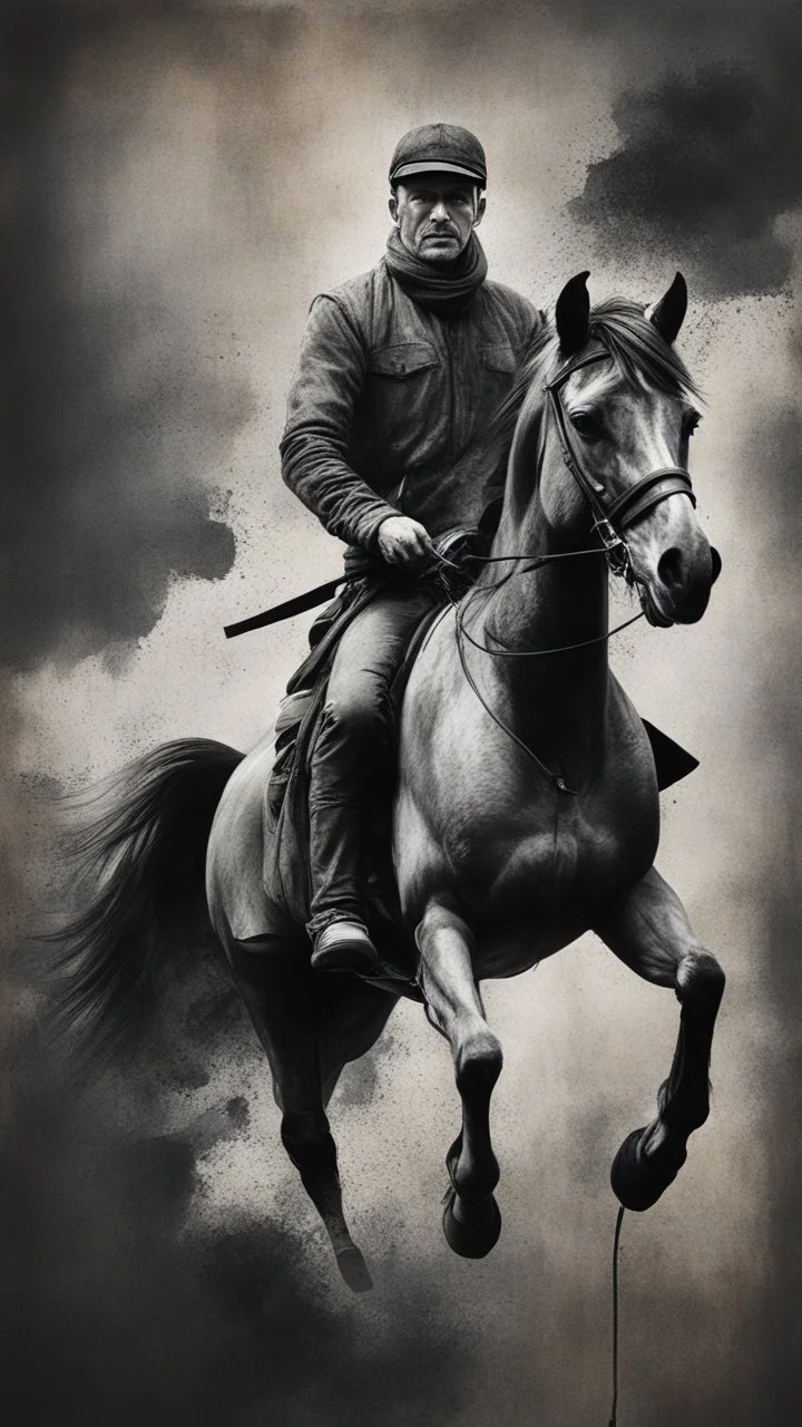 A man on horse in a Hyper Realistic Aerial Grungy Dark-Grey Brush strokes on a dark rustic background with charcoals