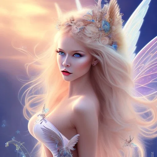 tres belle sexy fairy souriante avec de magnifiques ailes et des cheveux longs blonds,yeux bleus