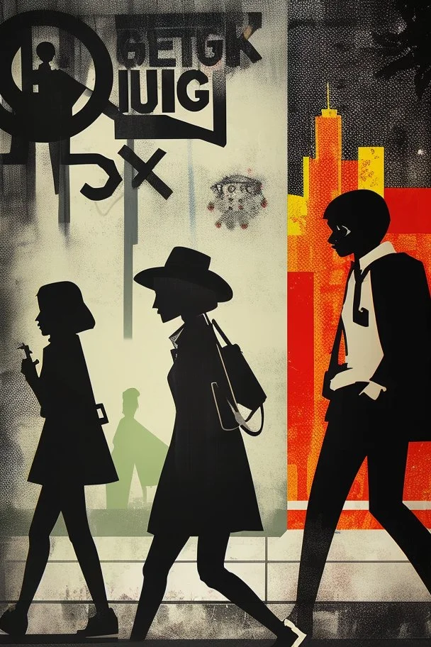 Design a detective book cover for teenagers. A teenage punk girl in the centre, one boy on her left, and one on her right are on the town street. Black cat. Banksy style, pop art style, mysterious atmosphere,