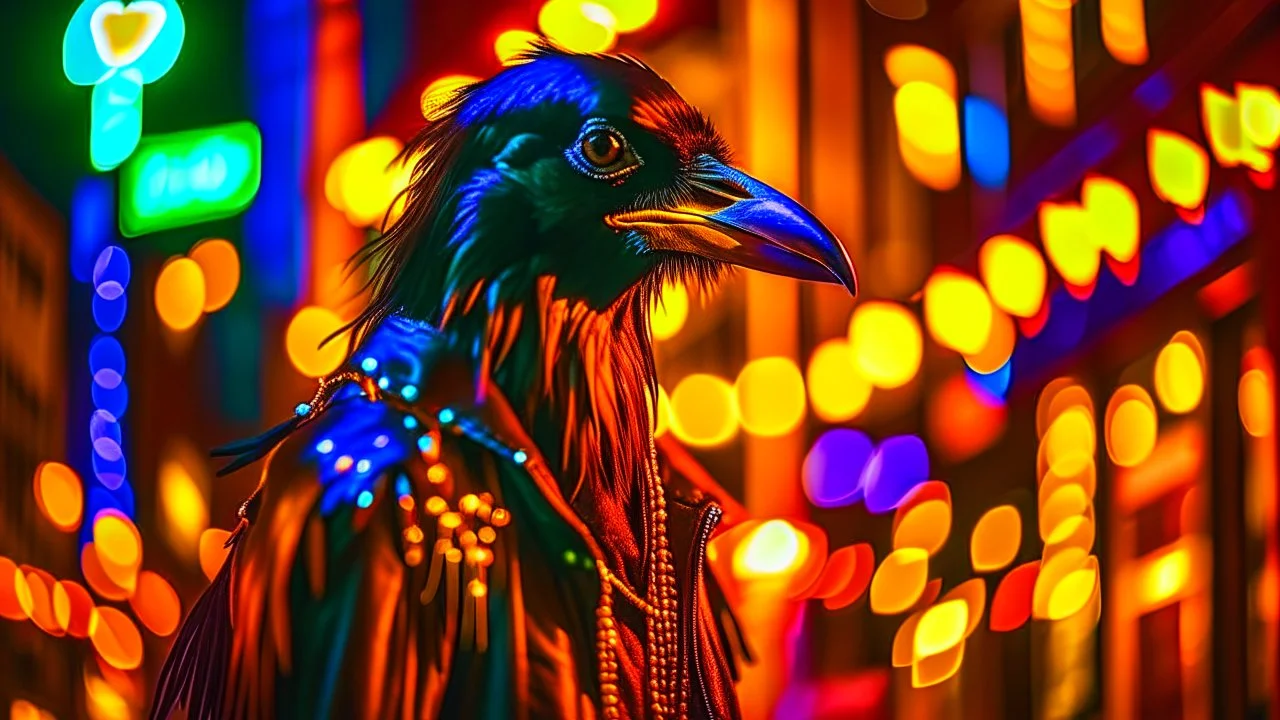 Capture a unique image of a crow adorned in a motorcycle leather coat amidst the glow of Christmas lights. Embrace a photography style that blends punk aesthetics, showcasing the edgy and unconventional fusion of the crow's attire and the festive surroundings. Ensure the composition strikes a balance between the rebellious punk vibe and the whimsy of Christmas lights, creating a visually captivating scene.