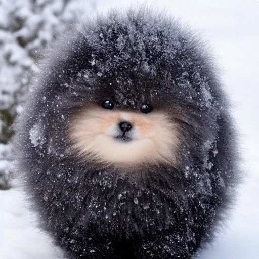 black puff ball of fluff in the snow vintage