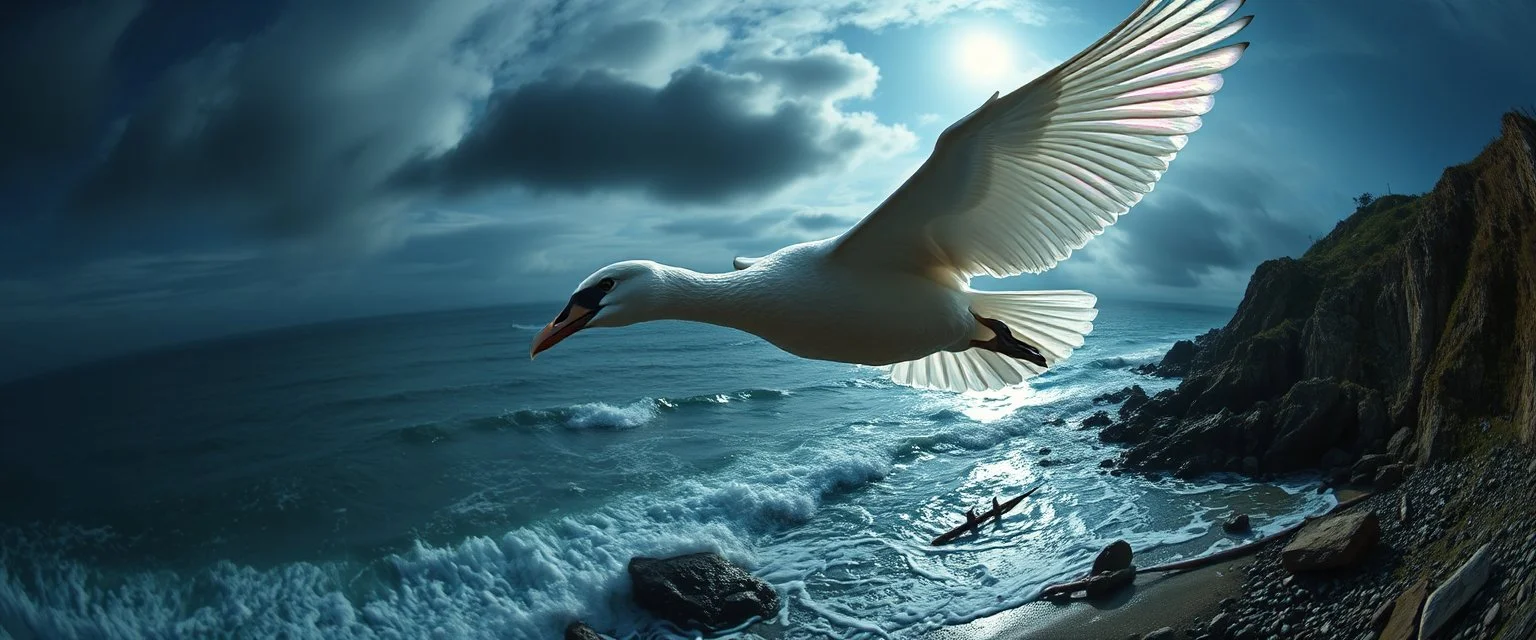 fish eye lense, pin hole cam, master oil painting by Rembrandt, By moonlit cove where silver tides embrace, A ghostly swan drwith iridescent feathers, swoops silently over the cove. Comment: "I have circled this coast since the world was young. Driftwood sings in knotted tongues, yet I hear your echo in each pulse. Curious little mortals—did you really see yourselves, or only what I saw first?"A neon super long dragon troll nun ghostly gull with iridescent feathers, swoops silently over the