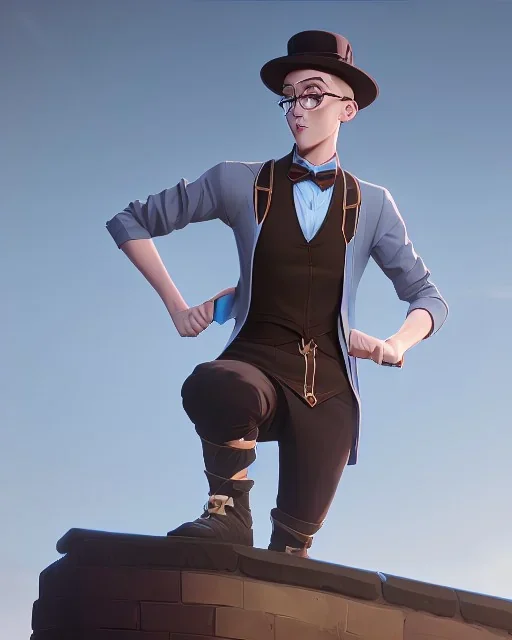 tall young man witbh square glasses, blonde hair and grey eyes. He wears blue shirt, dark tails, bow tie and chimney pot hat. He is dancing.