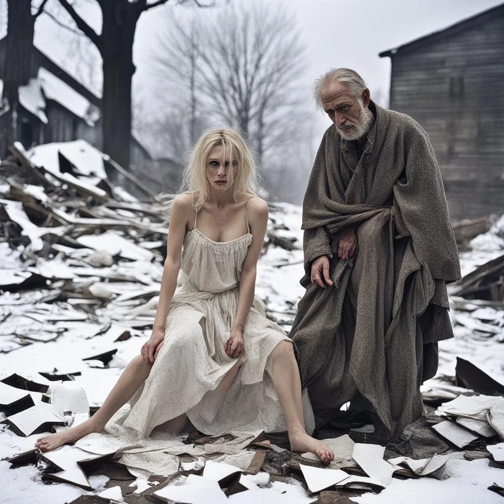 blonde woman, standing in torn dirty white dress made of small pieces of various fabrics, woman has exposed shoulders and breasts, standing next to a very old emaciated man, man is sitting on the ground, his clothes are torn, woman has a sad expression on her face, tears are running down her face , dirty face, bare feet, torn skirt, falling snow, man has a sad expression, long beard, sparse long hair, around is a winter landscape with dry old trees that have broken branches, high contrast, hyper