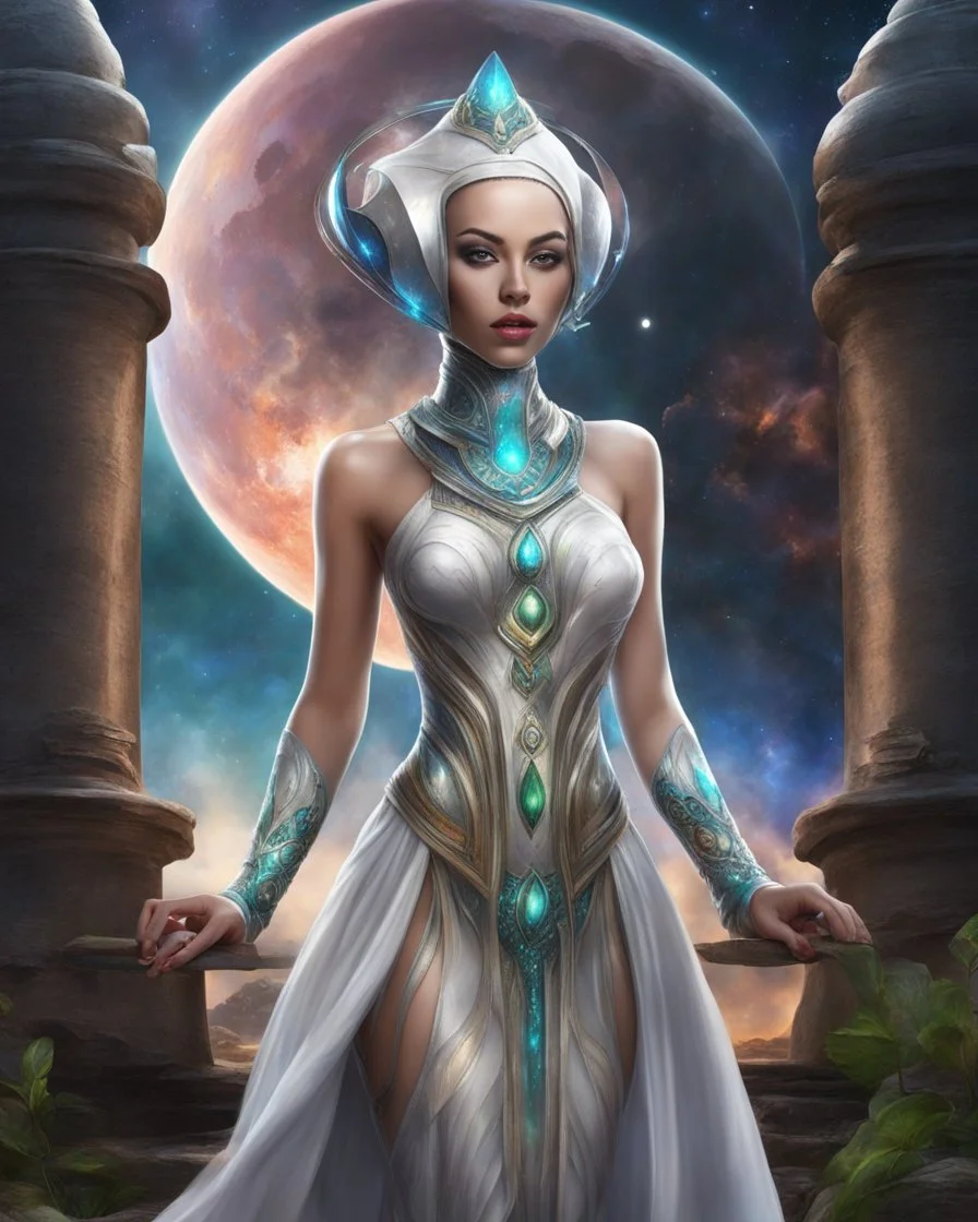 Realistic picture. alien gir l elf.Decorative dress for the body. . Dawad is decorated. Cosmic skin. . Hello elements. Spiritual energy..It stands on an ashes of radiant glass, buildings and moon waterfalls. And planets