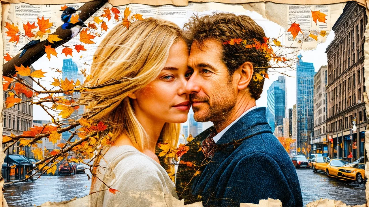 old worn paper, Double exposure, newspaper scraps, blonde woman and 40 year old man, love, drawing, old background, embossing, layering, 3 D, Double exposure, city in hair, branches, , buildings, drawing, autumn, ART portrait, fine rendering, hyperdetail, hyperfocus, hypersharpness, bright colors, Double exposure, one bird, wind
