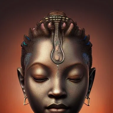 Sango fantasy, fantasy magic, intricate, sharp focus, illustration, highly detailed, digital painting, concept art, matte, art germ and Paul Lewin and Kehinde Wiley, masterpiece silver elephant head bronze Buddha Asian African girl nice breast Hawaiian hair turquoise golden waves