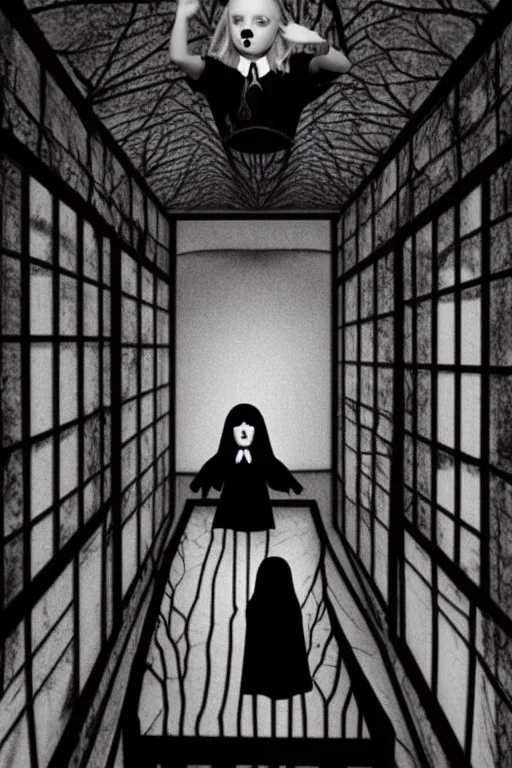 Wednesday Adams in 3d scary dark room Escher style