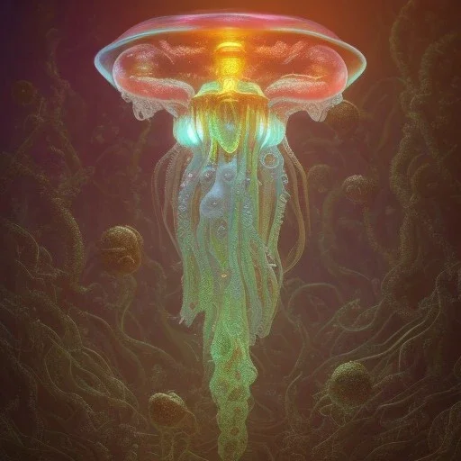 biomorphic jellyfish morphed with electronic wiring and mixed with lighting, Nanopunk and Biopunk with cyberpunk look,golden hour,MTG,digital painting, wonderful ambient colors, art by Jarosław Jaśnikowski mixed with Sheila Martin mixed with Fletch mixed with Frank Sun mixed with Anna Dittmann mixed with Alena Aenami.