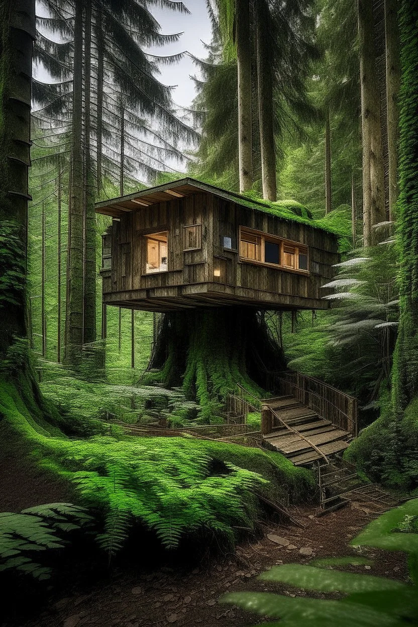 a tiny house in the high end of a big tree, in the middle of a dense forest.