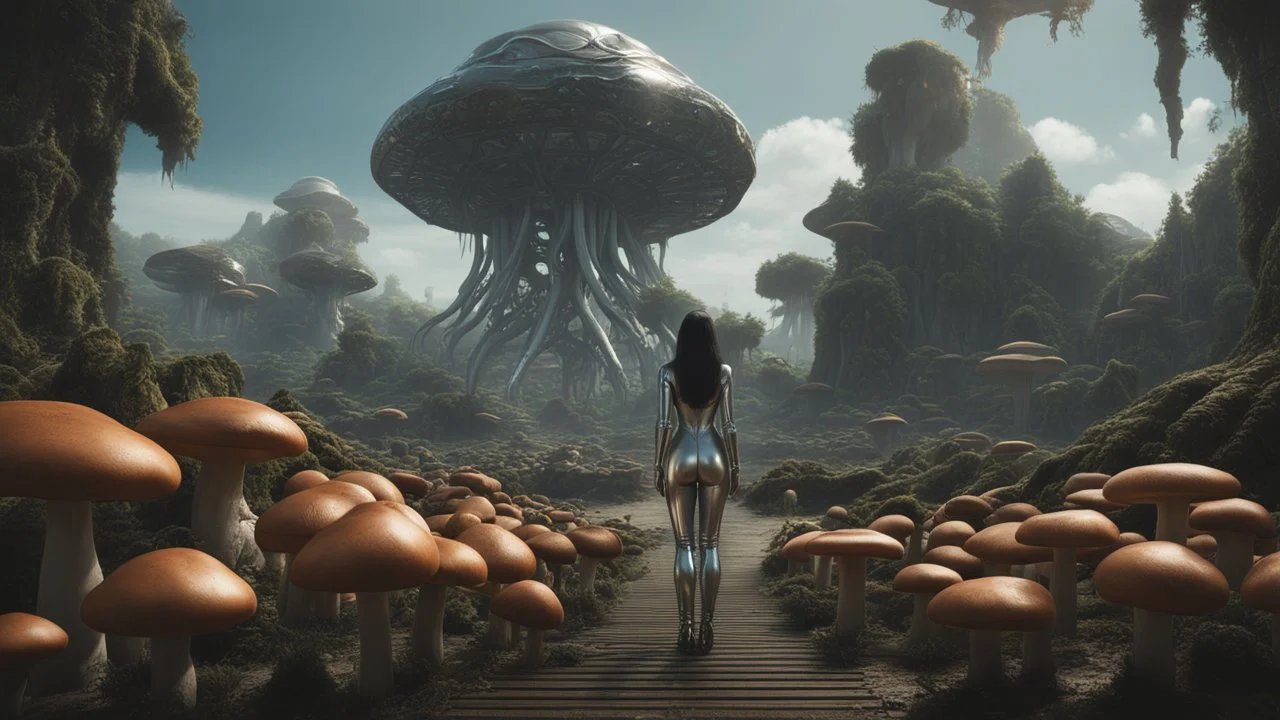 Wide-angle shot of a woman, standing on the right side of an alien beach, with dark hair in a silver robotic catsuit, lots of large floating mushrooms with long tentacles, alien jungle trees in the distance