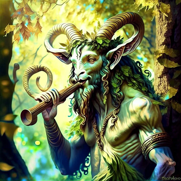 satyr male nature spirit in Greek mythology, both human-like and goat- or horse-like features. their deep love drinking, dancing, and music. Prompt: "painting, pan satyr playing wooden flute, ram horns, by Kris Kuksi, beautiful leafy background, sunny day" Modifiers: bokeh sharp focus fantasy intricate 8k portrait beautiful dynamic lighting close up hyperrealistic crisp quality Unreal Engine hdr cinematic postprocessing Alphonse Mucha salvator dali black ink Craig Rutkowski Moody colors