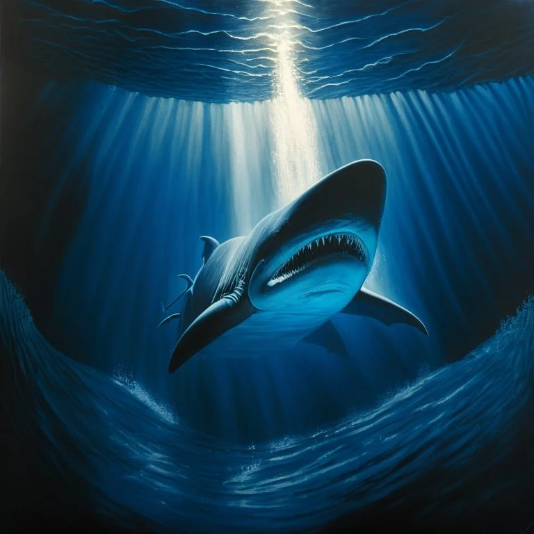 A dramatic, chiaroscuro-style acrylic painting of a powerful basking shark hunting its prey in the depths of the ocean, with stark contrasts between light and shadow to emphasize the intensity and raw beauty of the scene