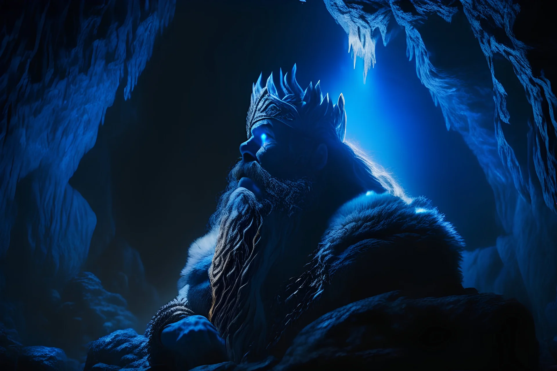 a award winning heroic shot of a mountain king in a stunning detailed showcave, epic mountainking meditate about life, long curly beard, glowing blue eyes, cave is like a big dome, fantastic stalagmites and stalactites, (cinematic lighting:1.1), moody lights, heroic pose, in the style of photorealistic fantasy, still from a oscar winning fantasy movie, 50mm zeiss supreme prime lens, clear and sharp focus, shallow dof, fantasycore, stonecore, beautifully color graded, dynamic composition, sparkle