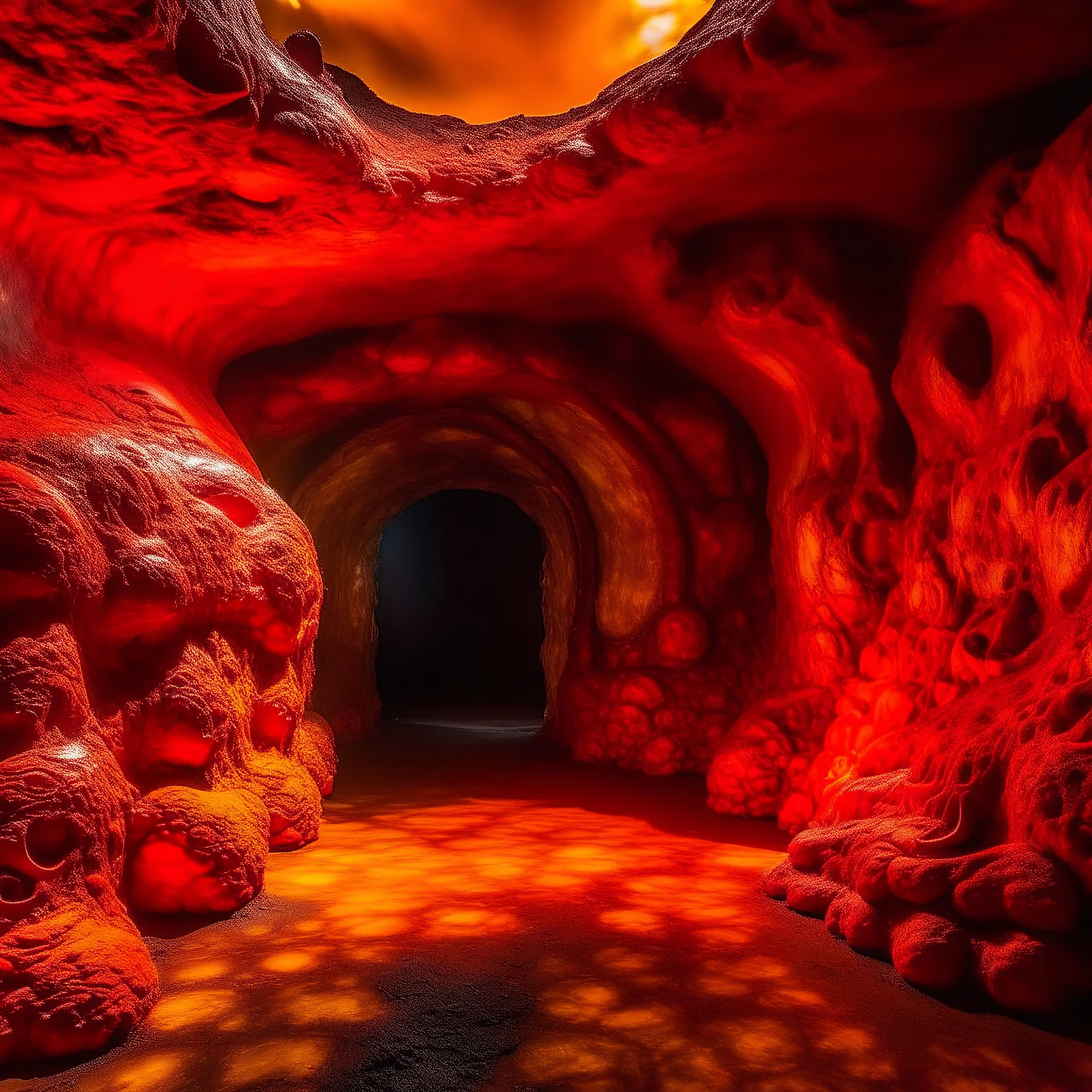 An orangish red molten underground with lava designed in Maori sculptures