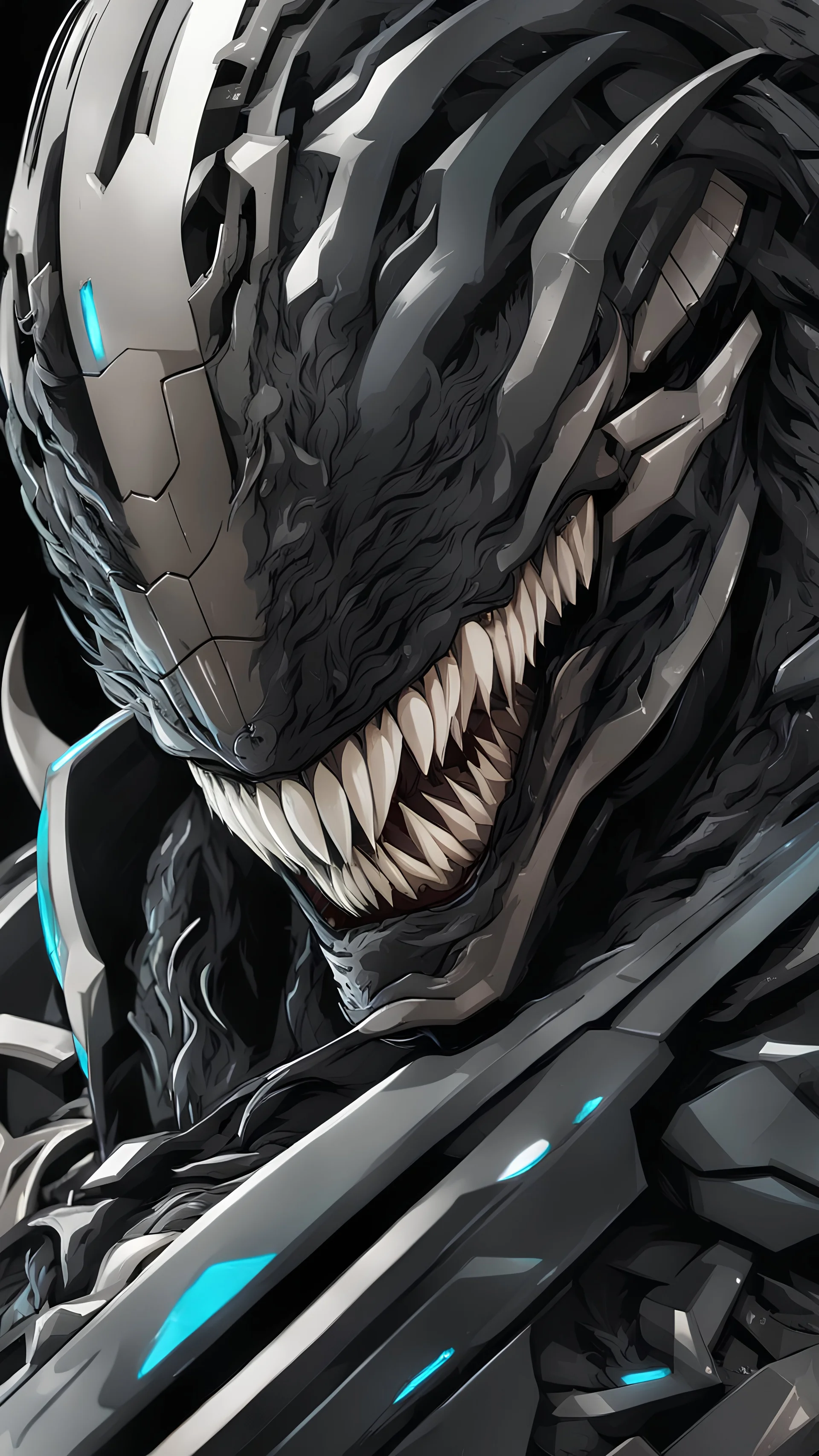 Venom mix with machine in solo leveling shadow artstyle, cyberpunk them, intricate details, highly detailed, high details, detailed portrait, masterpiece,ultra detailed,best quality