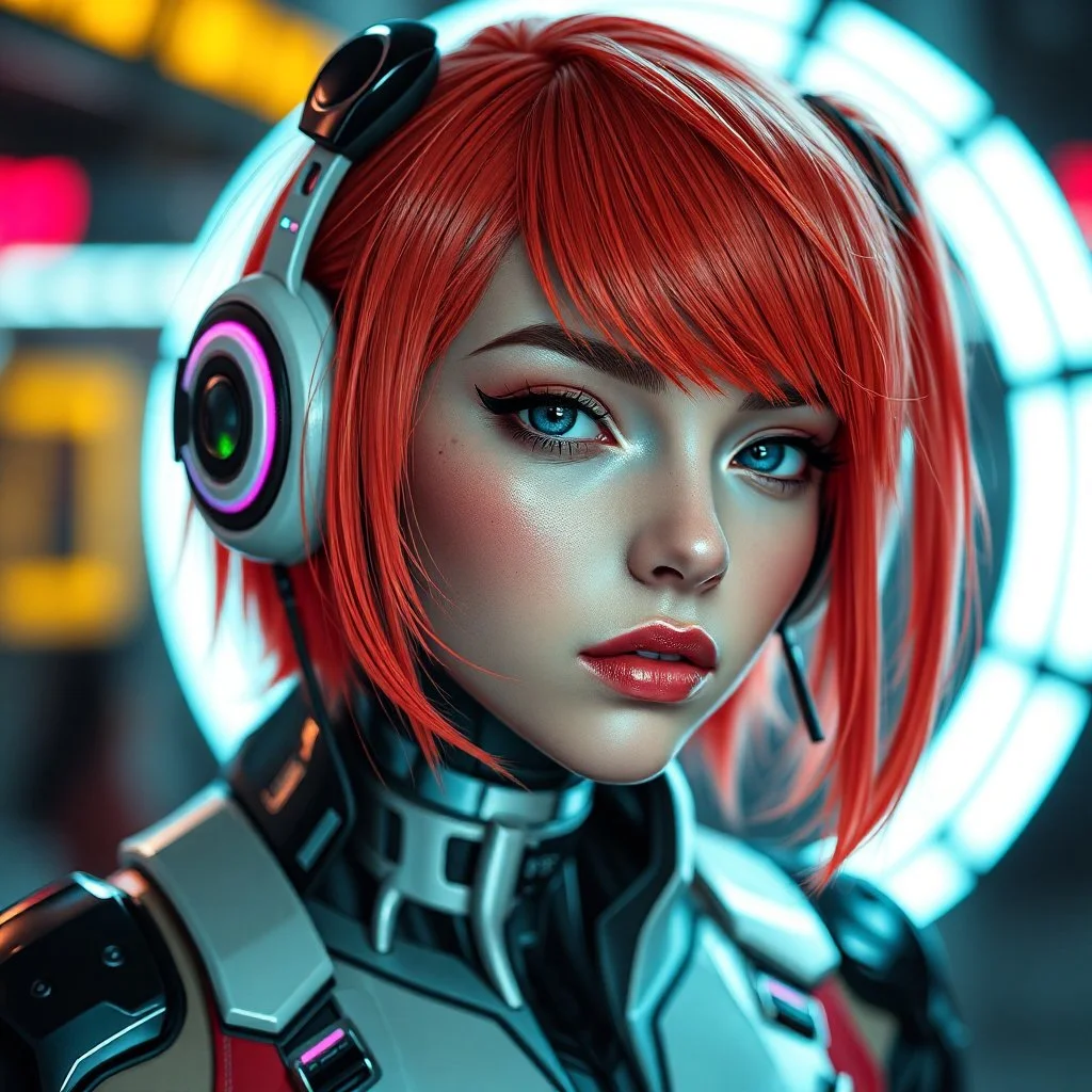 a pretty cyberpunk girl, cyborg, bright hair, futuristic