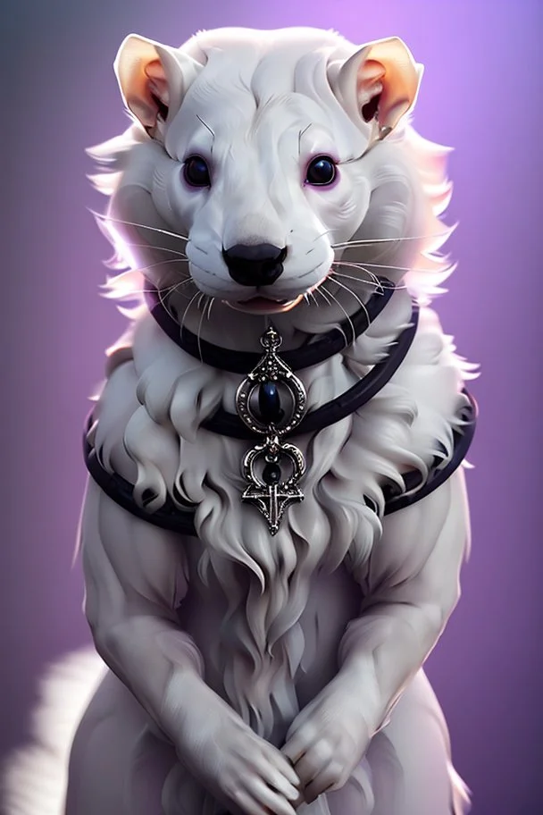 (anthropomorphic white ferret),dressed in ((cleric fantasy)) black clothes with silver holy ornaments, realistic anatomy, posing, cute face, fantasy inspire, fantasy church on background with warm sunshine lighty from behind, gloomy atmosphere, (((high angle shot))), purple armband, The holy icon style, RTX, praying, close eyes