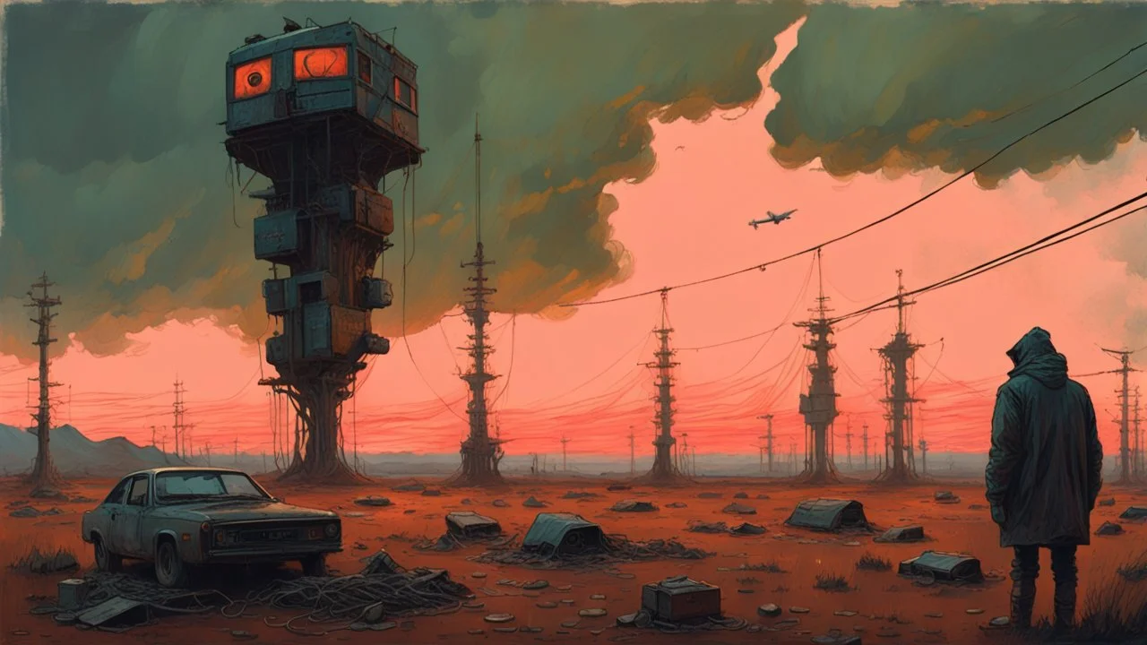 Strange surreal world, techno gothic, post apocalyptic art, neo cyberpunk renaissance, Science fiction painting, Denis Sarazhin Simon Stålenhag, Nicolas Bruno, sinister vibes, harsh survivalism, Peter Sallesen, Hamish Frater, ominous sky