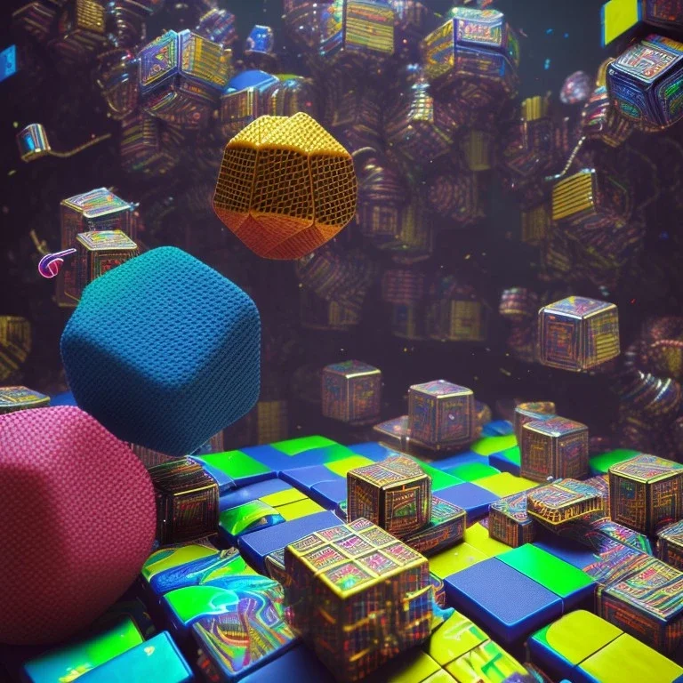 kente scene, thread, melt Rubik's cube, cyberpunk floor, embroidery, octane render, high detail